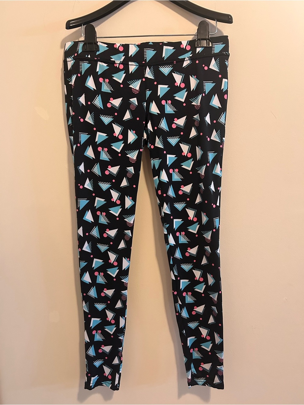 Women’s Black 80’s Geo Print Leggings with Blue and Pink Accents